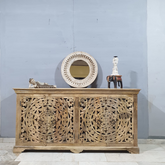 Indian Furniture Handmade Solid Wood Sideboard Carved 4 Doors Natural